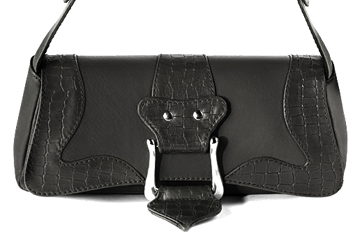 Dark grey women's dress handbag, matching pumps and belts. Profile view - Florence KOOIJMAN